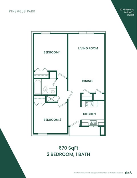 Floor plan for 2 beds, 1 bath, 670 sqft